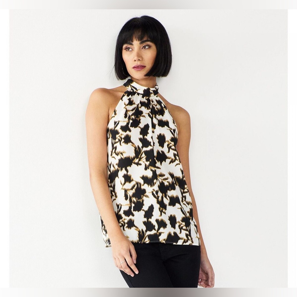 Nine West- White/Black/Brown‎ Floral Printed Sleeveless Tie-Neck Blouse Size 0X